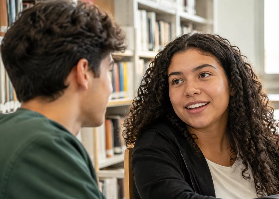 Participantes conversando em pé no corredor entre estantes de livros altas